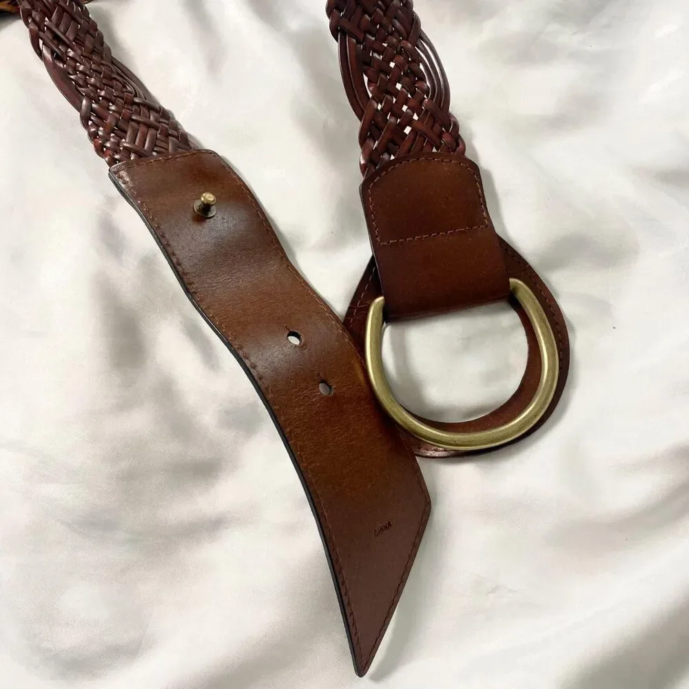 Chunky Wide Boho Braided Brown Leather Waist Belt Brassy Gold Clasp 50